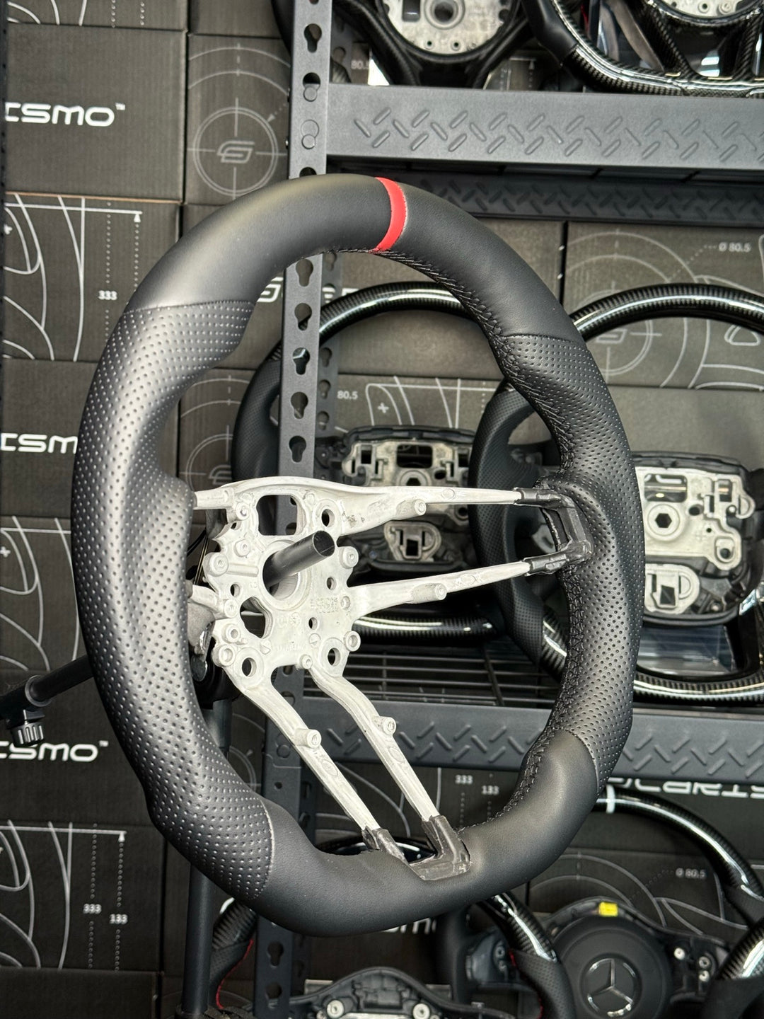 [Made to Order] Porsche (992.1 Wheel) - Sport - (Full Leather) Smooth Leather - Perforated Leather - Black Stitching - Red Smooth Leather Stripe