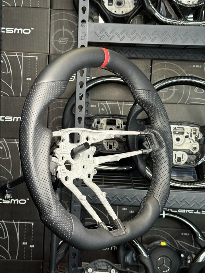 [Made to Order] Porsche (992.1 Wheel) - Sport - (Full Leather) Smooth Leather - Perforated Leather - Black Stitching - Red Smooth Leather Stripe