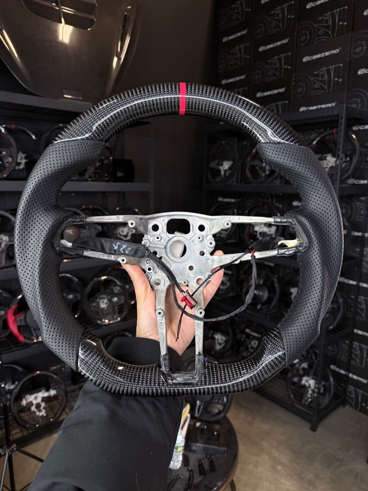 [Made to Order] Porsche (992.1 Wheel) - Sport - Gloss Carbon - Perforated Leather - Black Stitching - Red Stripe