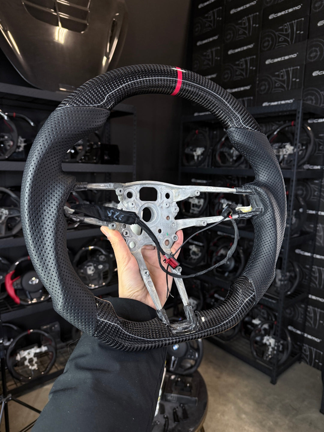 [Made to Order] Porsche (992.1 Wheel) - Sport - Gloss Carbon - Perforated Leather - Black Stitching - Red Stripe