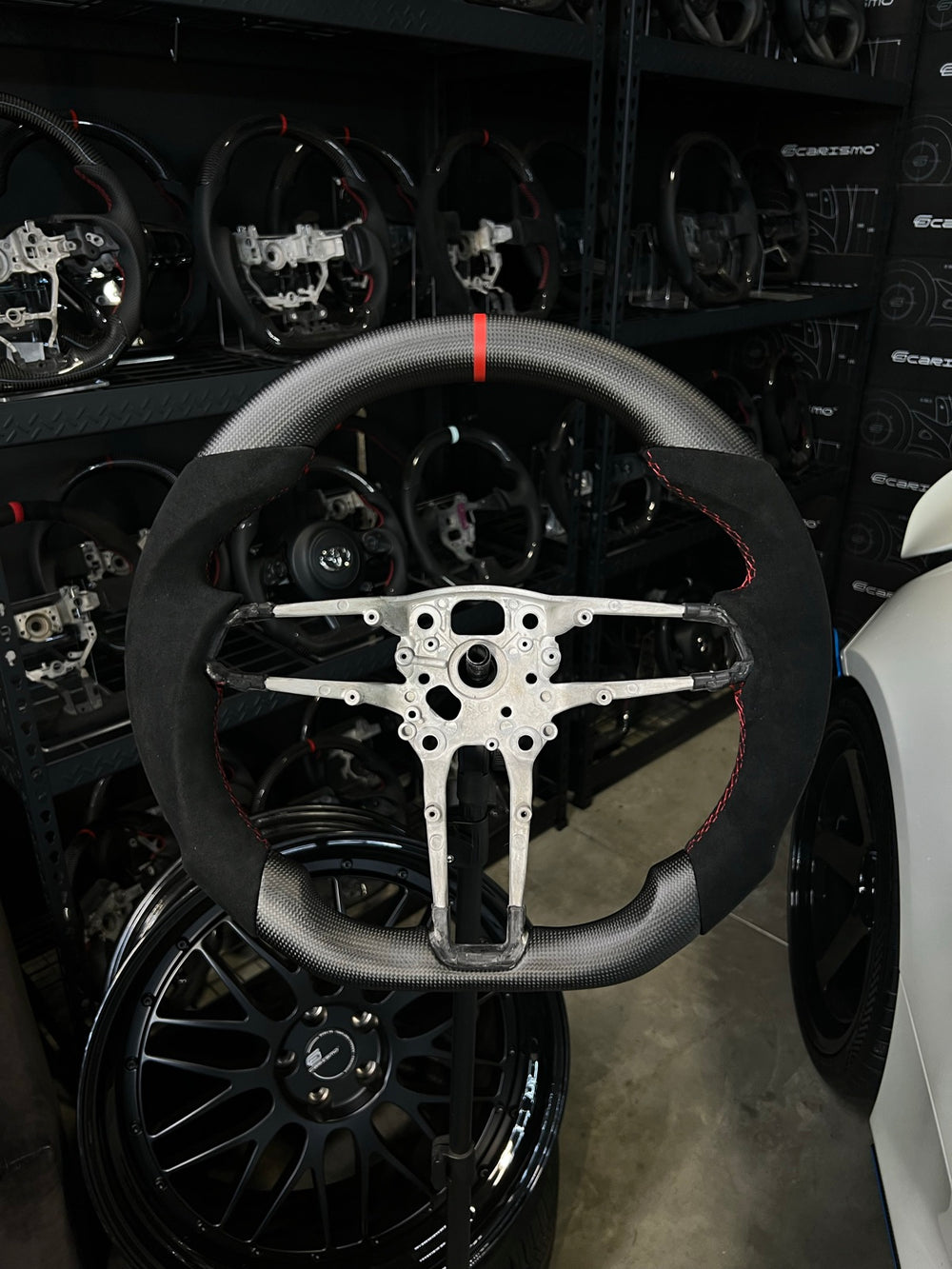 [Made to Order] Porsche (992.1 Wheel) - Sport - Matte Plain Carbon - Alcantara - Red Stitching - Red Stripe