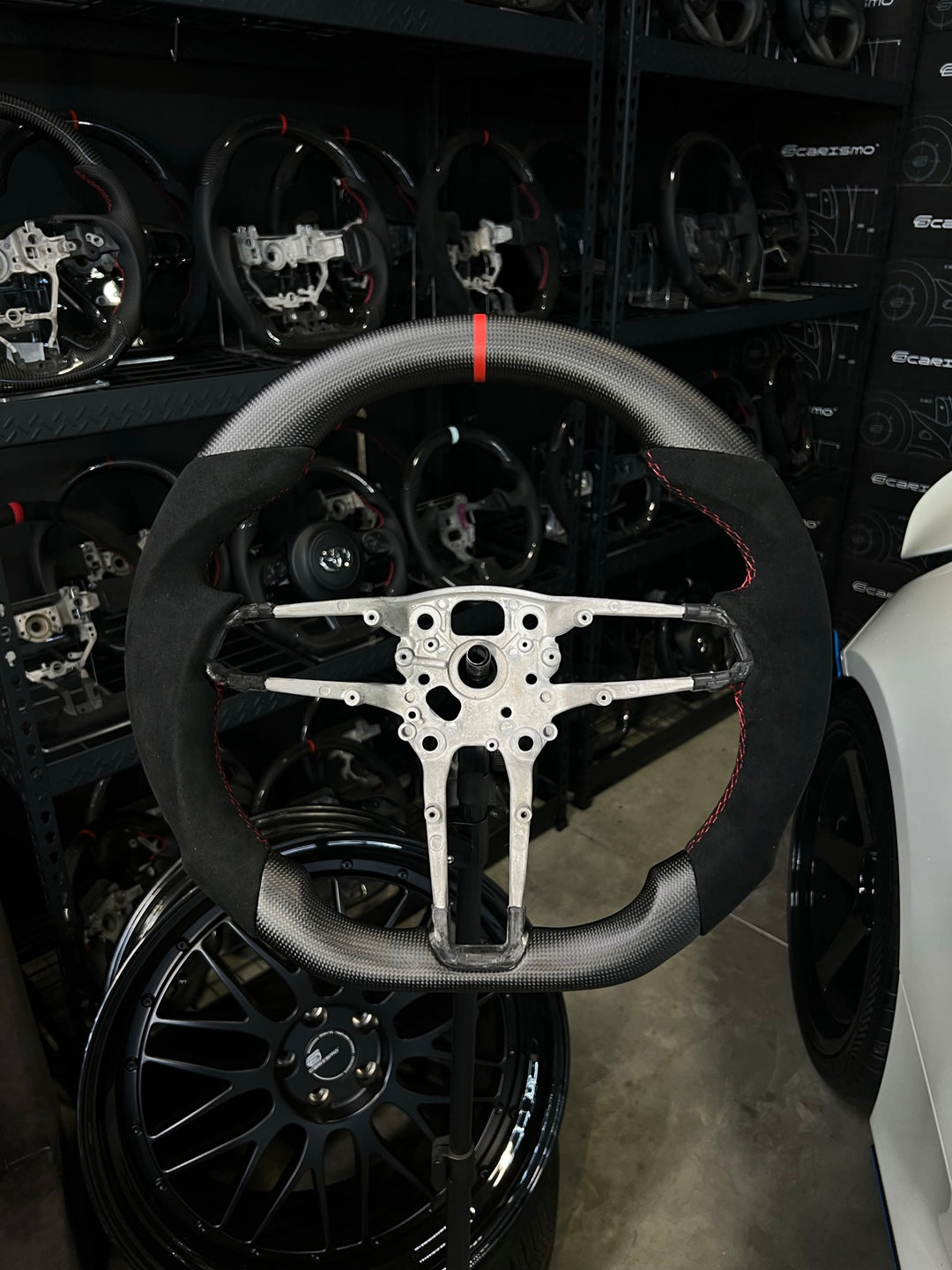 [Made to Order] Porsche (992.1 Wheel) - Sport - Matte Plain Carbon - Alcantara - Red Stitching - Red Stripe
