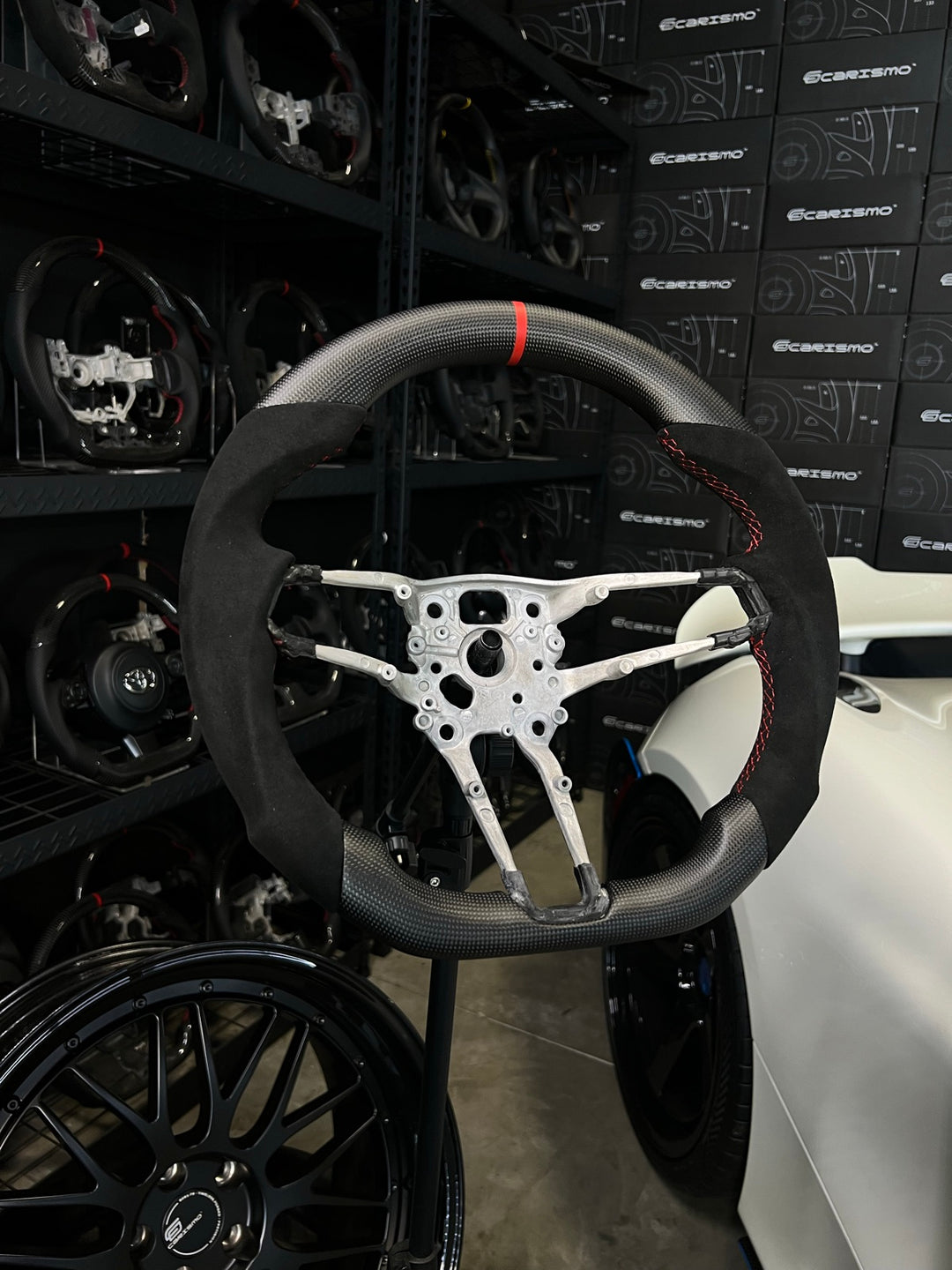 [Made to Order] Porsche (992.1 Wheel) - Sport - Matte Plain Carbon - Alcantara - Red Stitching - Red Stripe