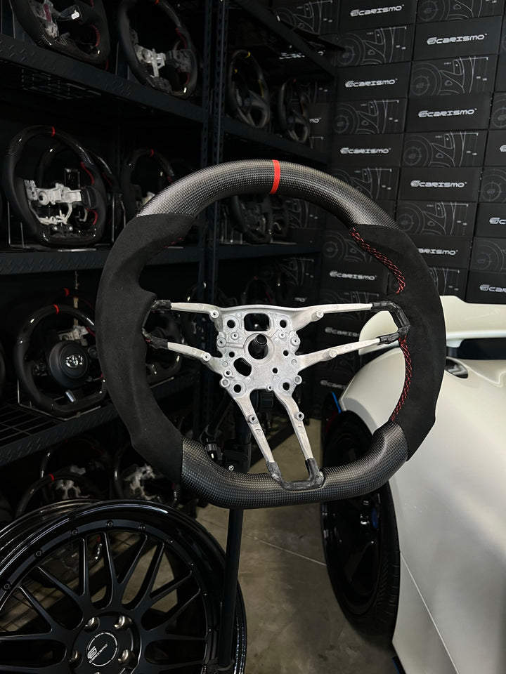 [Made to Order] Porsche (992.1 Wheel) - Sport - Matte Plain Carbon - Alcantara - Red Stitching - Red Stripe