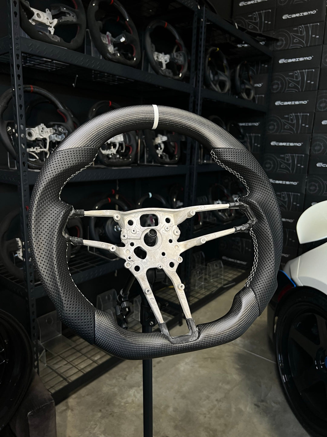 [Made to Order] Porsche (992.1 Wheel) - Sport - Matte Plain Carbon - Perforated Leather - White Stitching - White Stripe