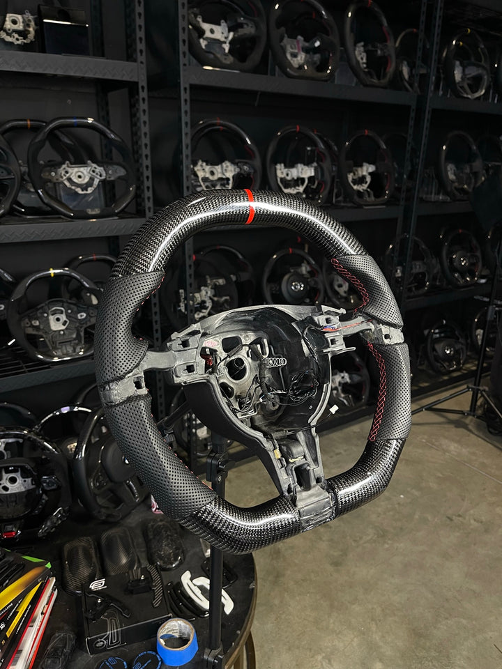 [Made to Order] Porsche (997.2 Wheel) - Signature - Gloss Carbon - Perforated Leather - Red Stitching - Red Stripe