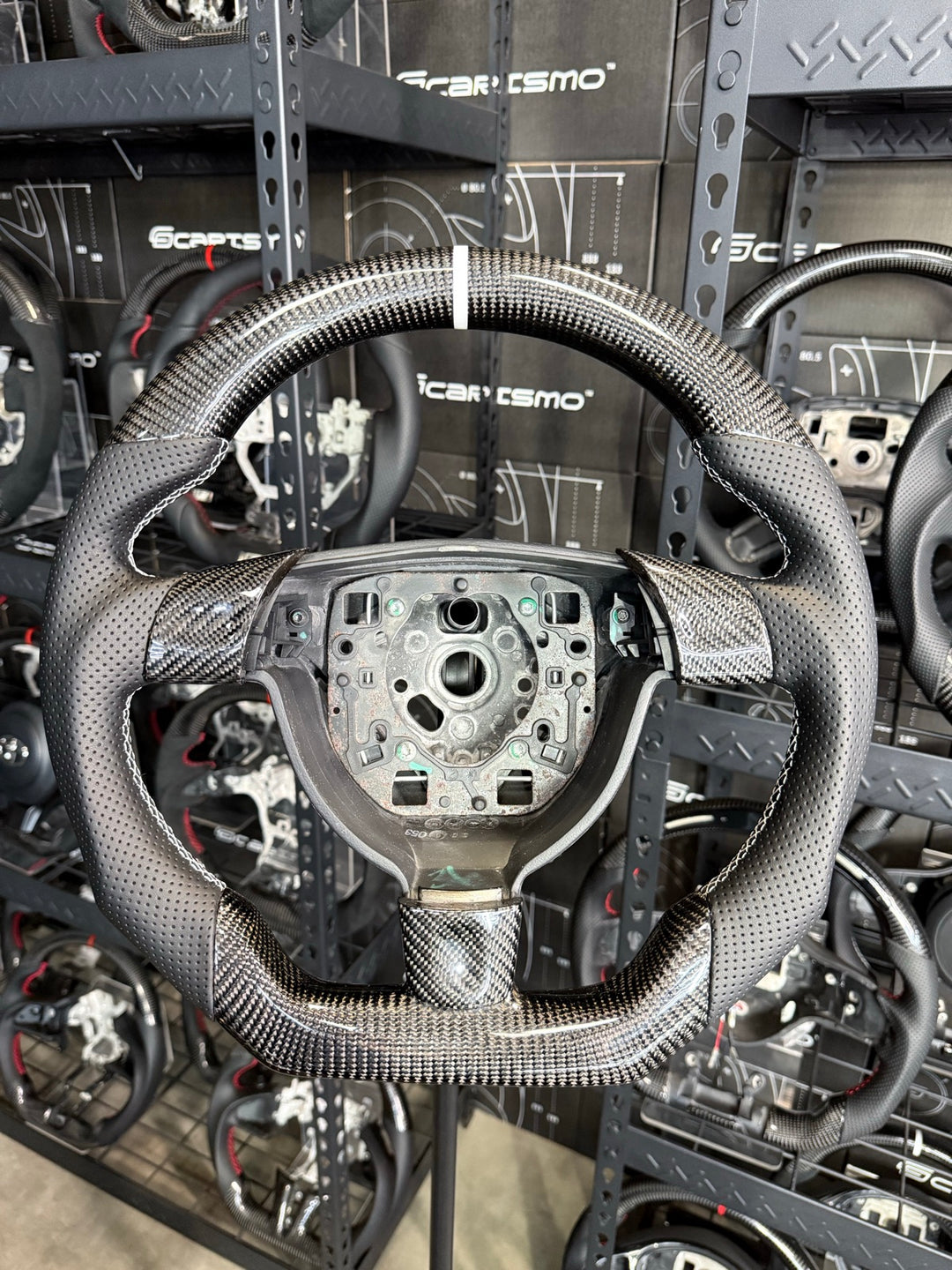 [Made to Order] Porsche (997 Wheel) - Sport - Gloss Carbon - Perforated Leather - White Stitching - White Stripe