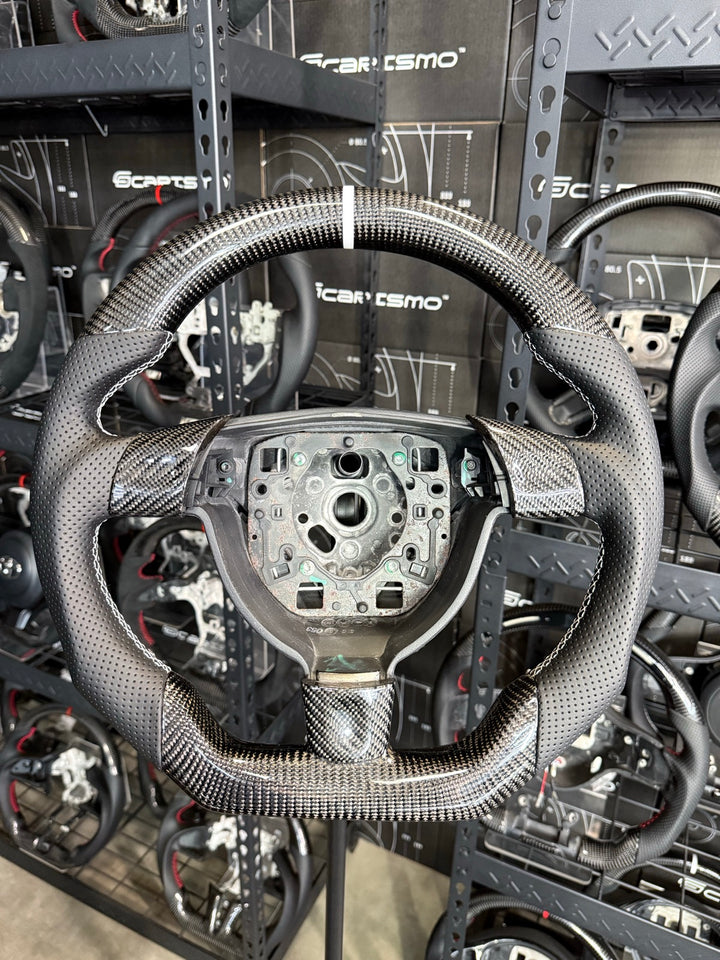 [Made to Order] Porsche (997 Wheel) - Sport - Gloss Carbon - Perforated Leather - White Stitching - White Stripe
