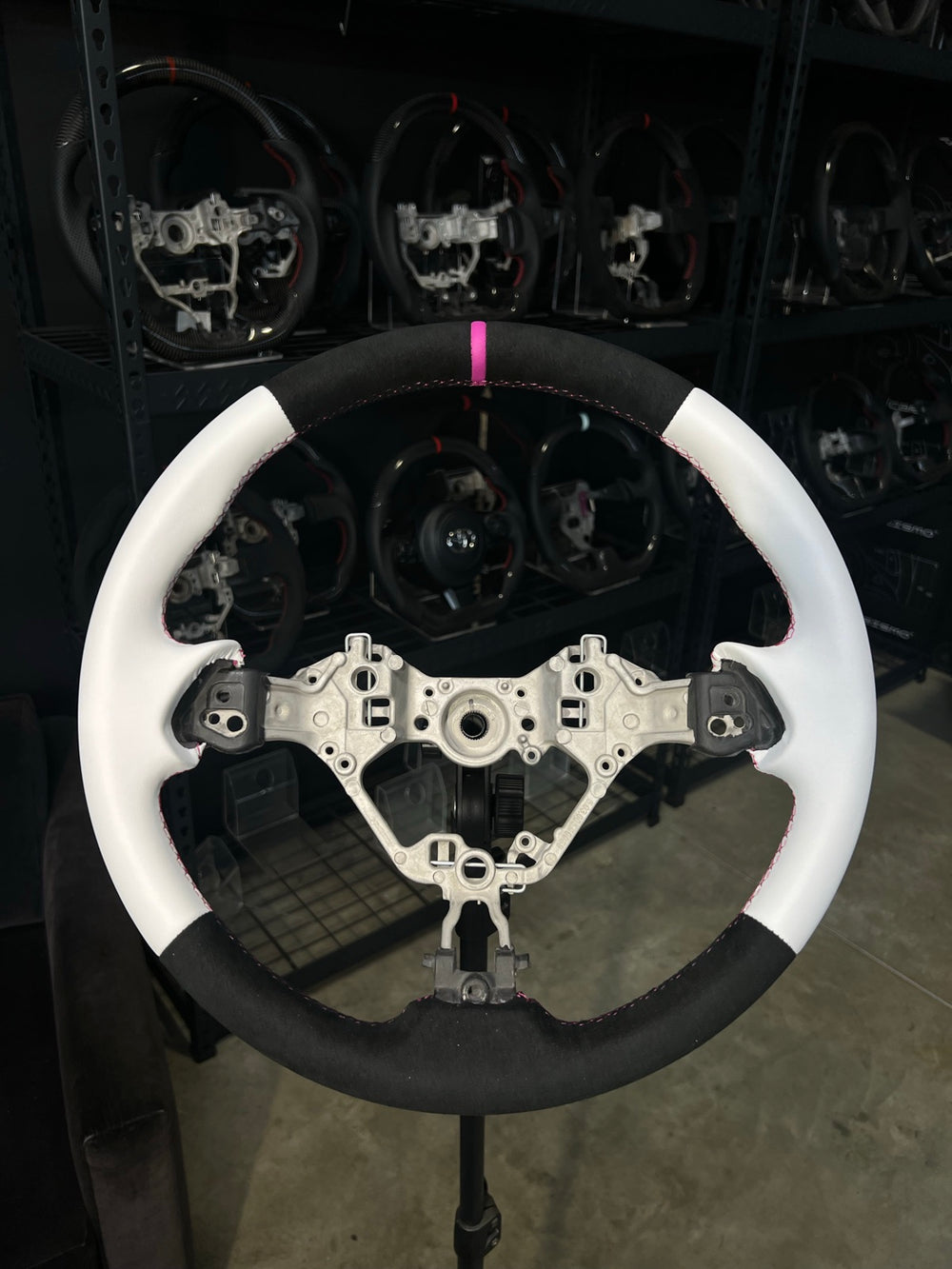 [Made to Order] Toyota GR86 (ZN8) - OEM Shape - (No Carbon) Alcantara - White Smooth Leather - Pink Stitching - Pink Smooth Leather Stripe