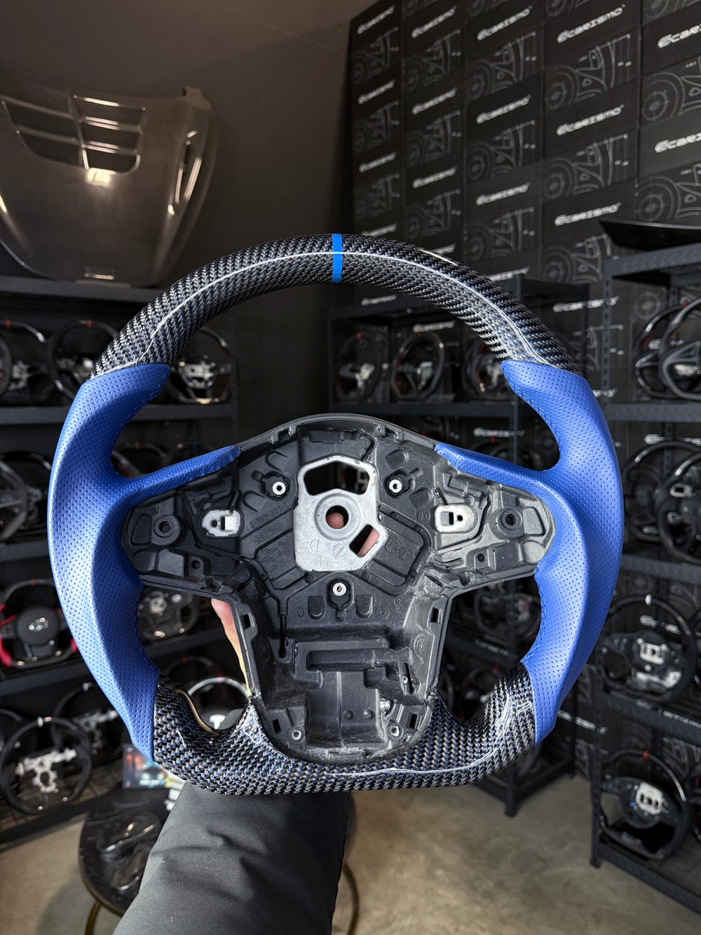 [Made to Order] Toyota Supra (MKV) - Sport - Gloss Carbon with Blue Thread - Blue Perforated Leather - Blue Stitching - Blue Stripe