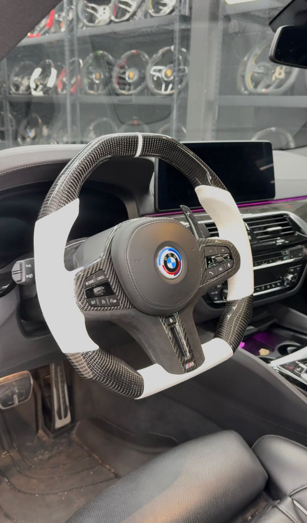 Carismo Steering Wheel For BMW G-Series (M Performance Wheel) - Signature - Gloss Carbon - White Smooth Leather - White