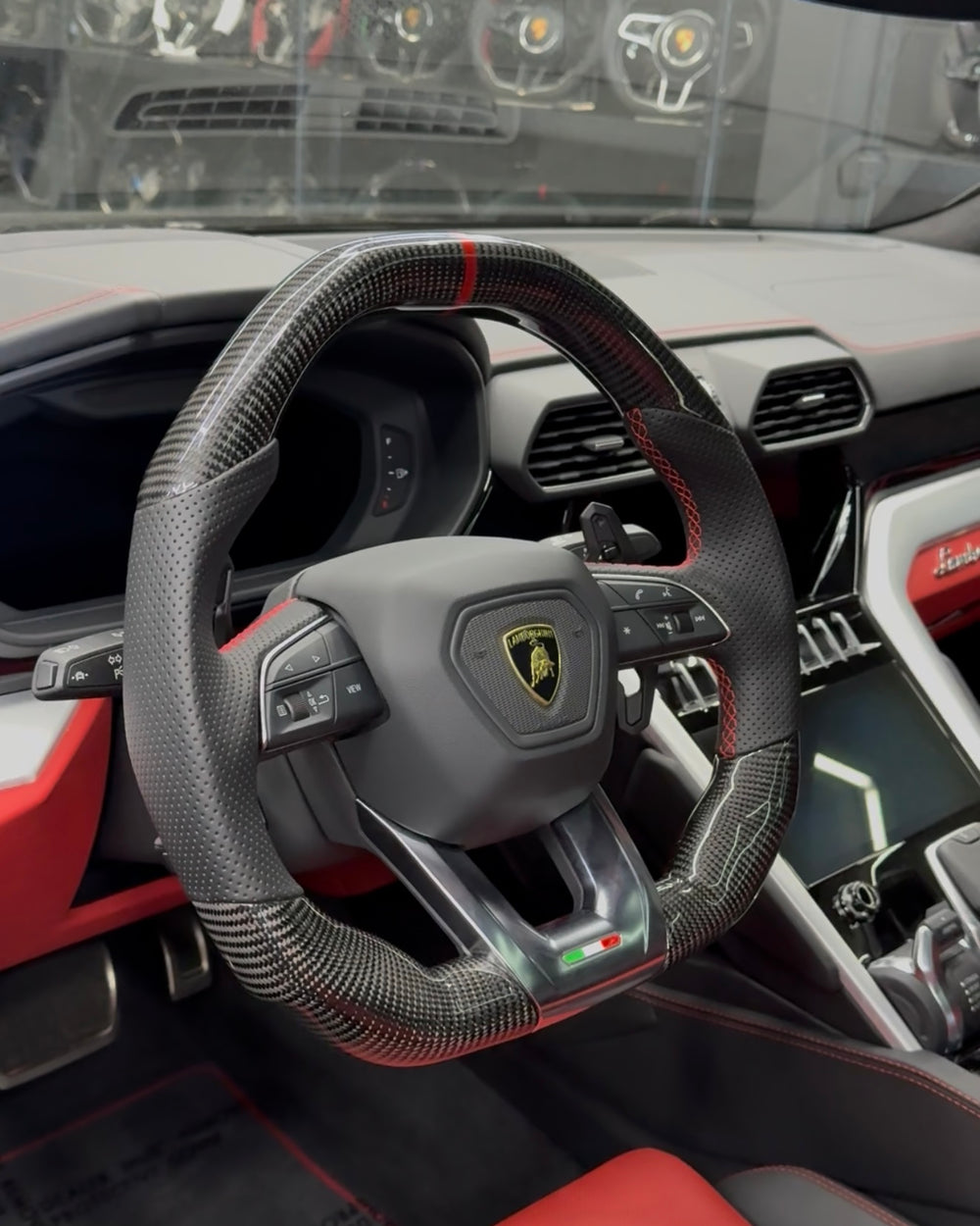 Carismo Steering Wheel For Lamborghini Urus - Signature - Gloss Carbon - Perforated Leather - Red