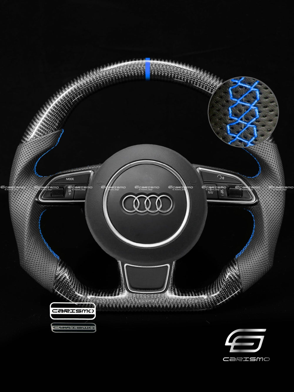 Carismo Steering Wheel For Audi (B8.5 Wheel) - Sport - Gloss Carbon - Perforated Leather - Blue
