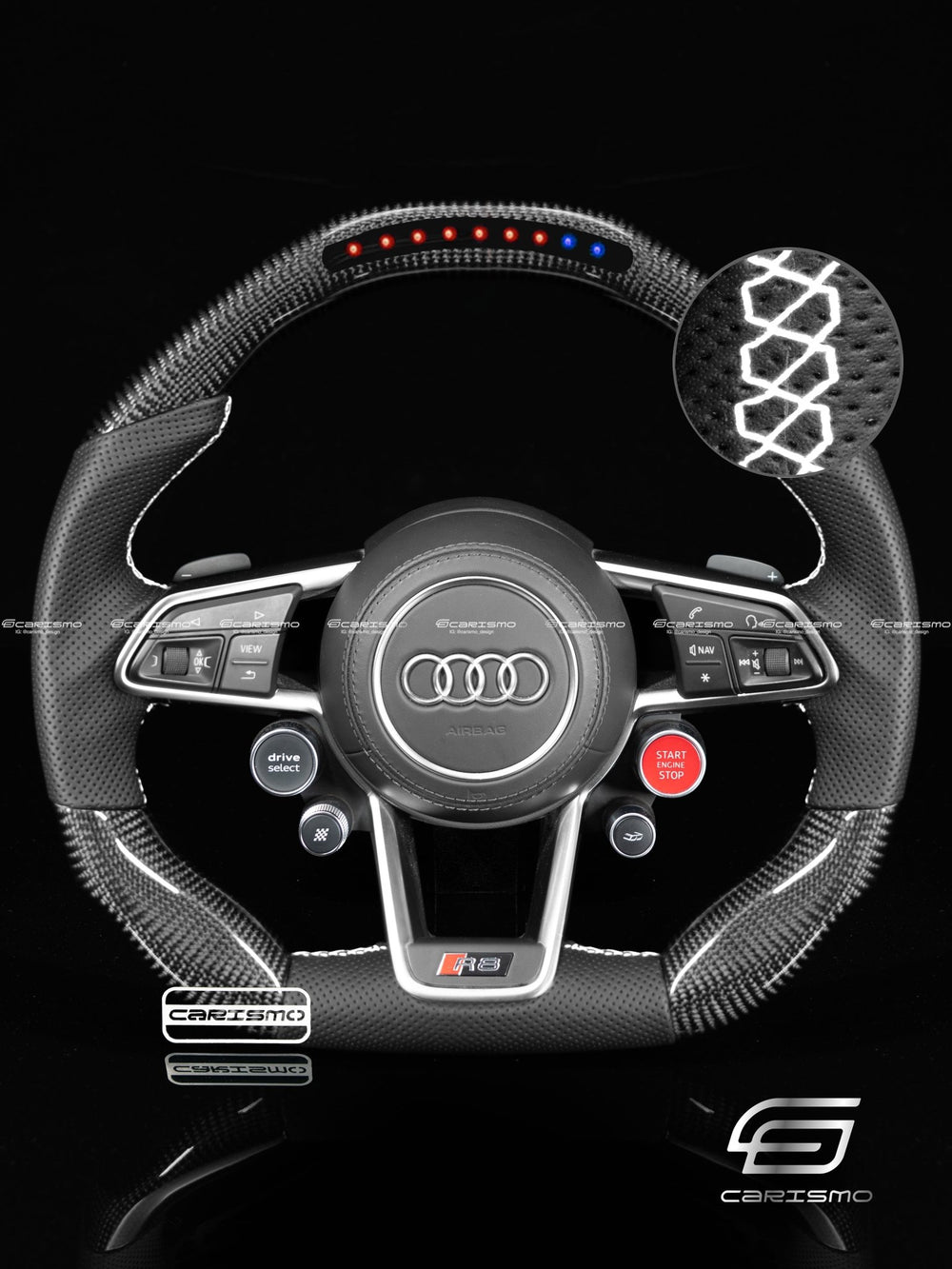 Carismo Steering Wheel For Audi R8 (Gen 2) - Sequential RPM LED - Gloss Carbon - Perforated Leather - White