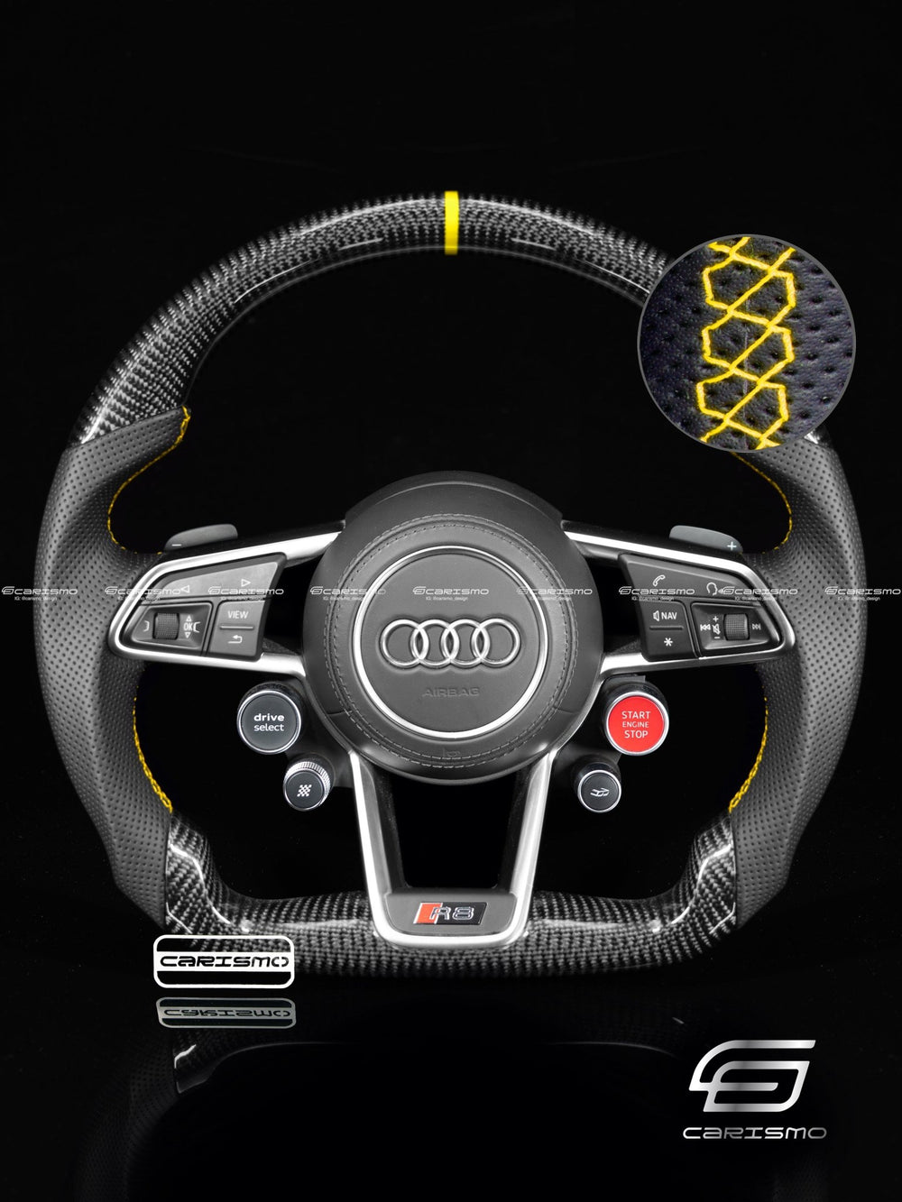 Carismo Steering Wheel For Audi R8 (Gen 2) - Sport - Gloss Carbon - Perforated Leather - Yellow