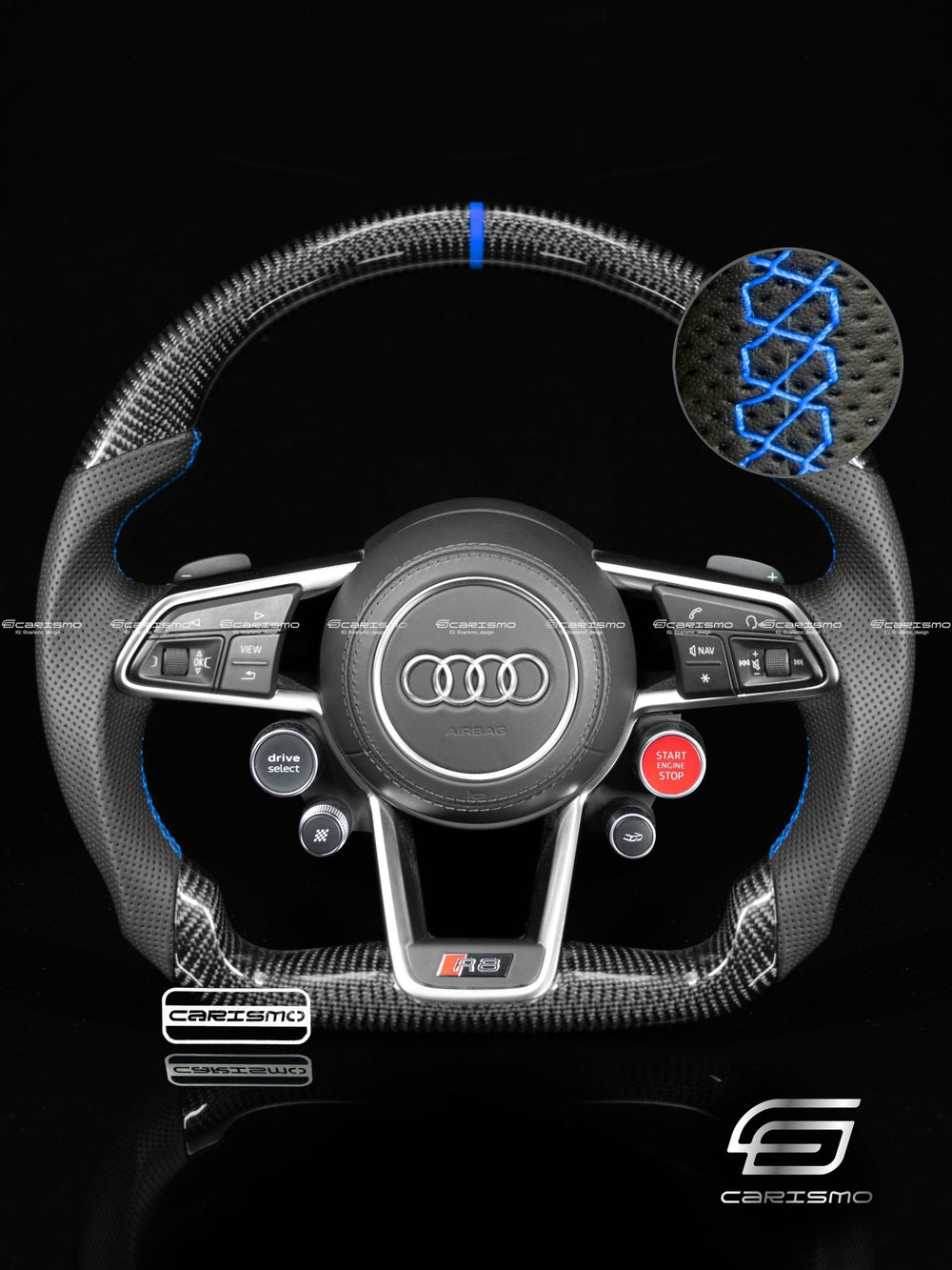 Carismo Steering Wheel For Audi R8 (Gen 2) - Sport - Gloss Carbon - Perforated Leather - Blue
