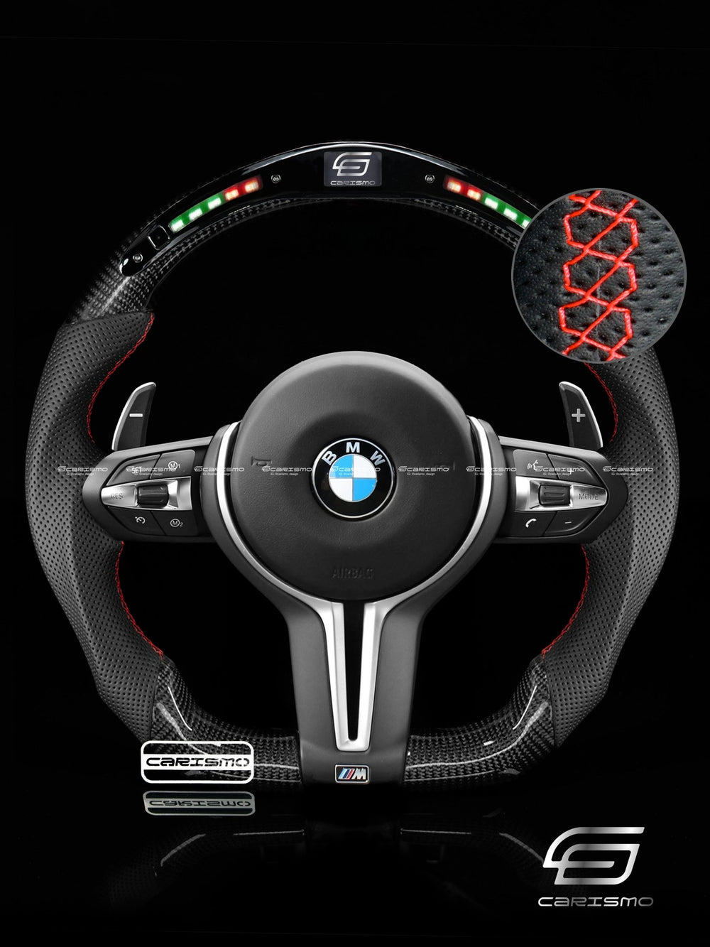 Carismo Steering Wheel For BMW F-Series (M Performance Wheel) - Classic RPM LED - Gloss Carbon - Perforated Leather - Red