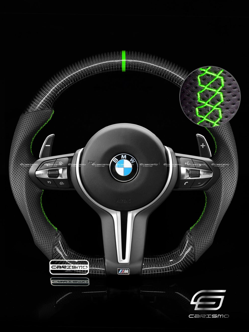 Carismo Steering Wheel For BMW F-Series (M Performance Wheel) - Sport - Gloss Carbon - Perforated Leather - Green