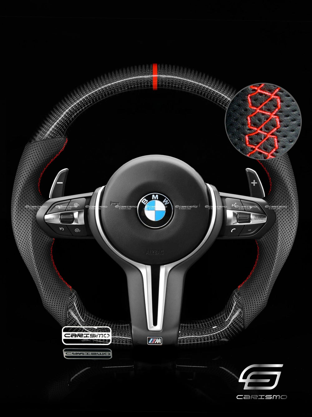 Carismo Steering Wheel For BMW F-Series (M Performance Wheel) - Sport - Gloss Carbon - Perforated Leather - Red