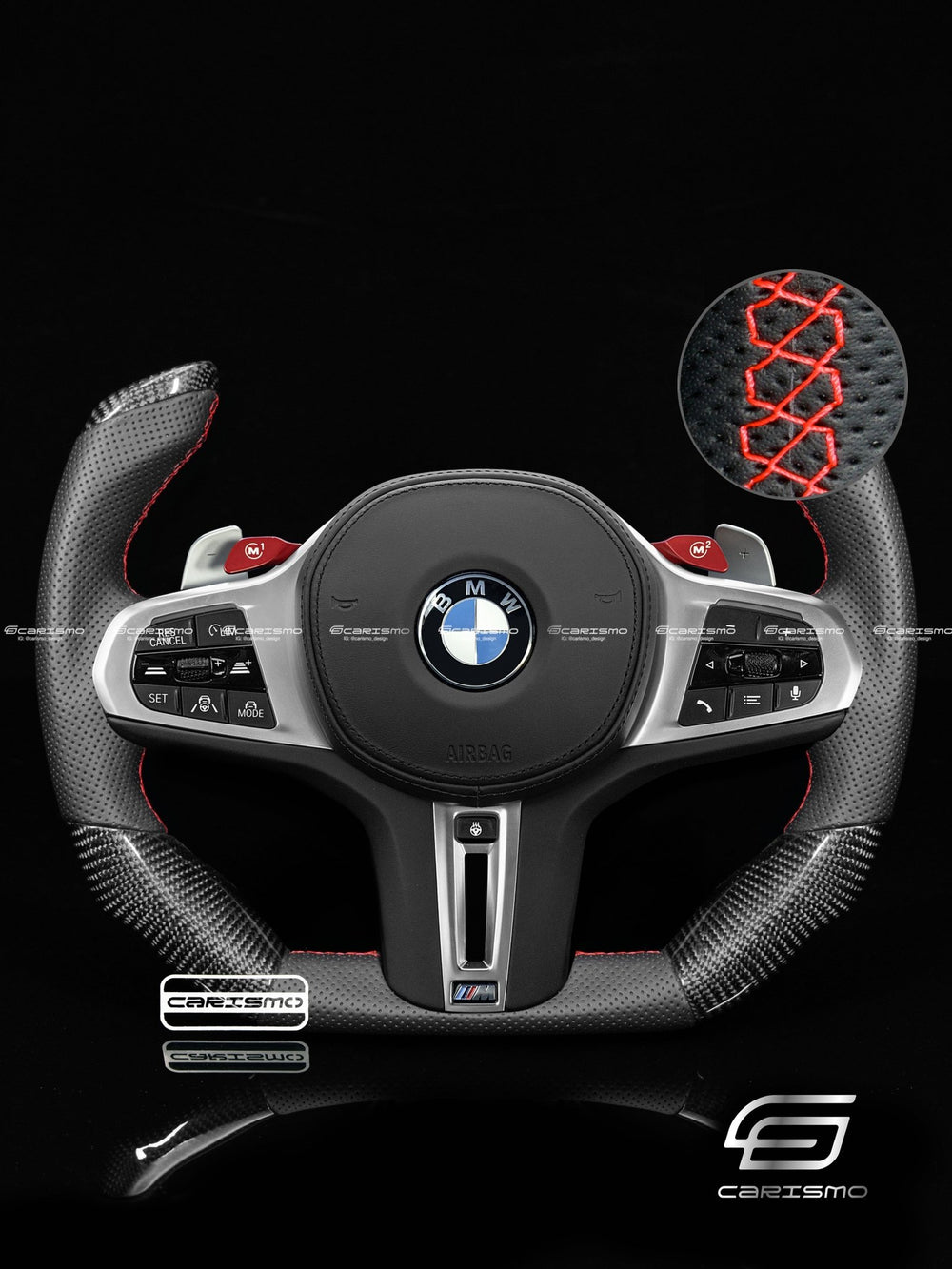 Carismo Steering Wheel For BMW G-Series (M Performance Wheels) - F1 Competition - Gloss Carbon - Perforated Leather - Red