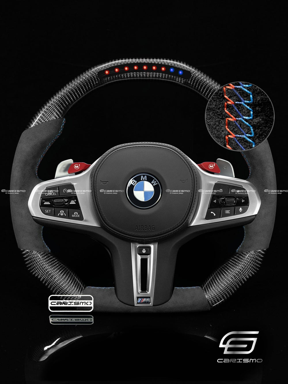 Carismo Steering Wheel For BMW G-Series (M Performance Wheels) - Sequential RPM LED - Gloss Carbon - Alcantara - BMW M Colors