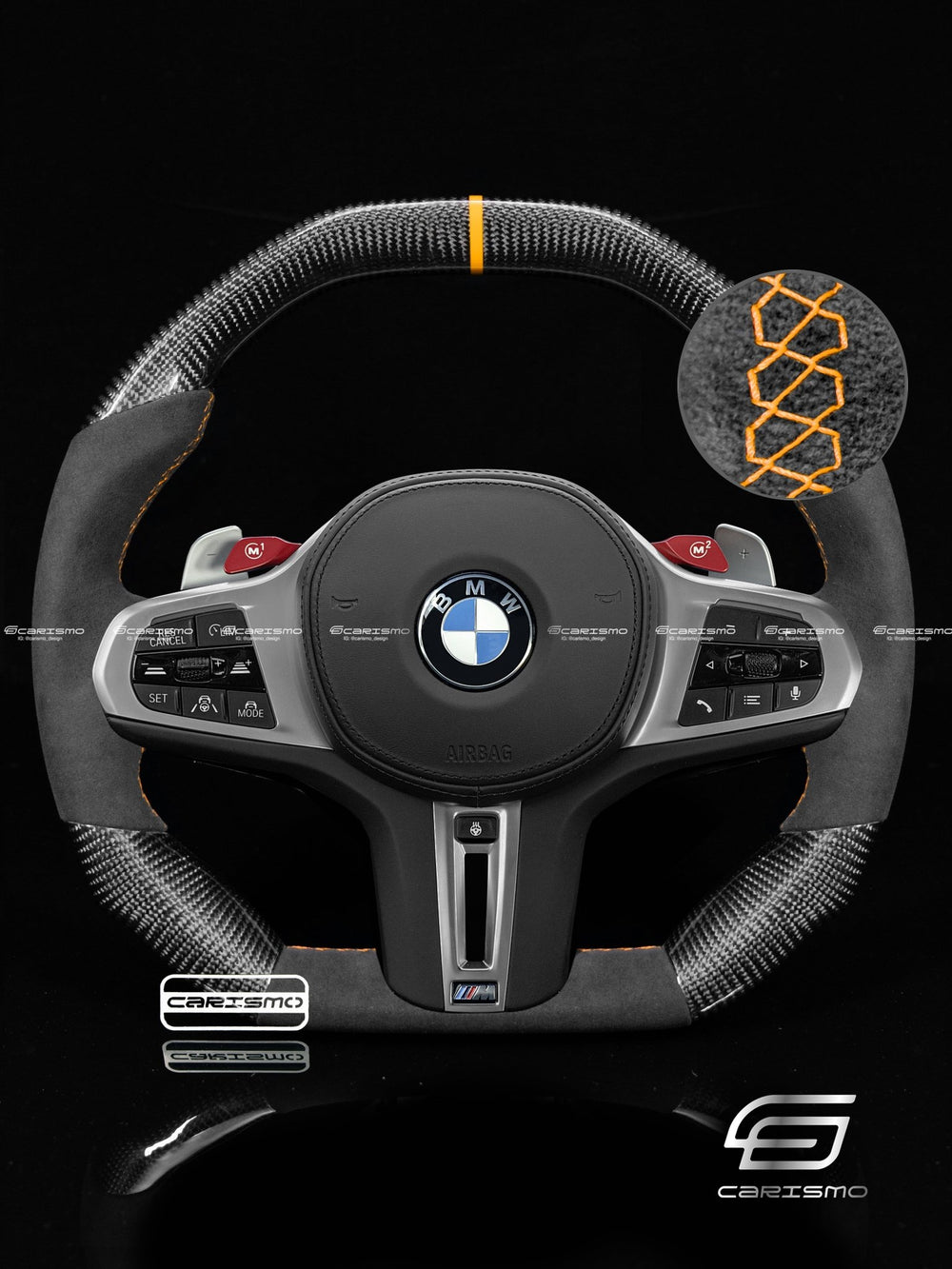 Carismo Steering Wheel For BMW G-Series (M Performance Wheels) - Signature - Gloss Carbon - Alcantara - Orange