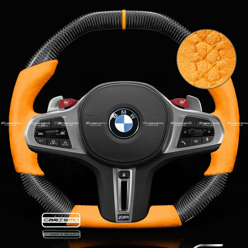Carismo Steering Wheel For BMW G-Series (M Performance Wheels) - Signature - Gloss Carbon - Orange Alcantara-Collection