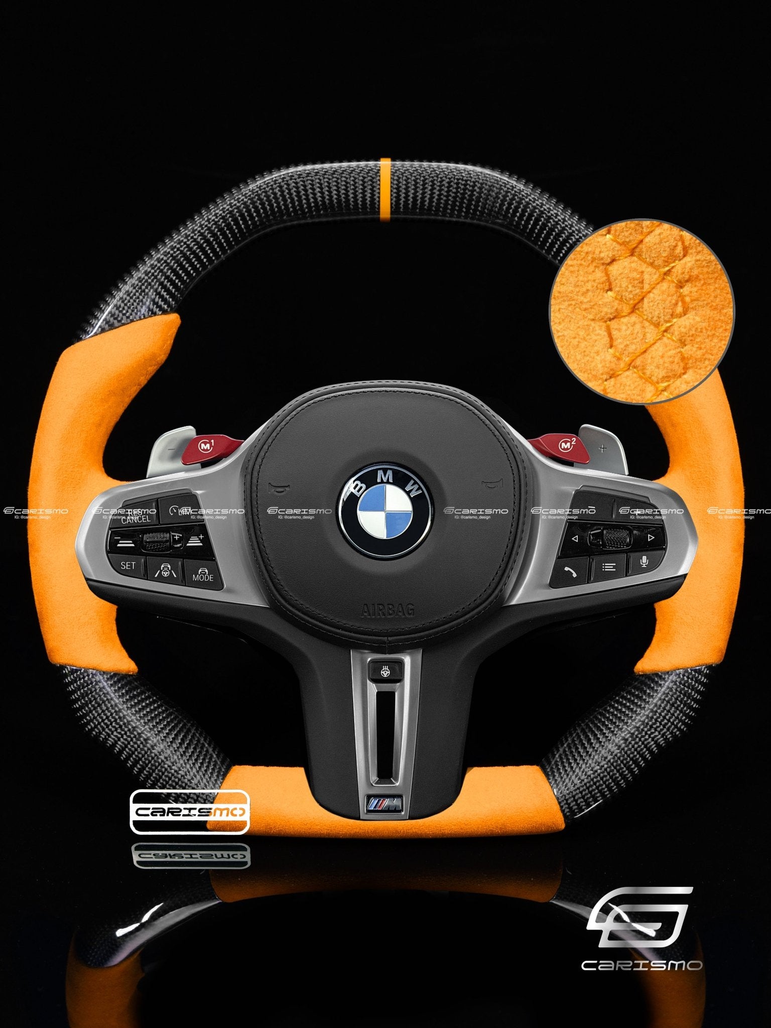 Carismo Steering Wheel For BMW 3 Series (G20) / M3 (G80) - Signature - Gloss Carbon - Orange Alcantara - Carismo