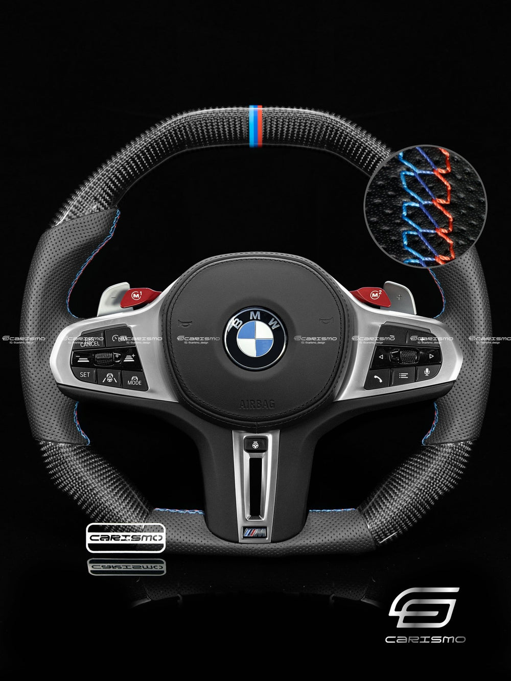 Carismo Steering Wheel For BMW G-Series (M Performance Wheels) - Signature - Gloss Carbon - Perforated Leather - BMW M Colors