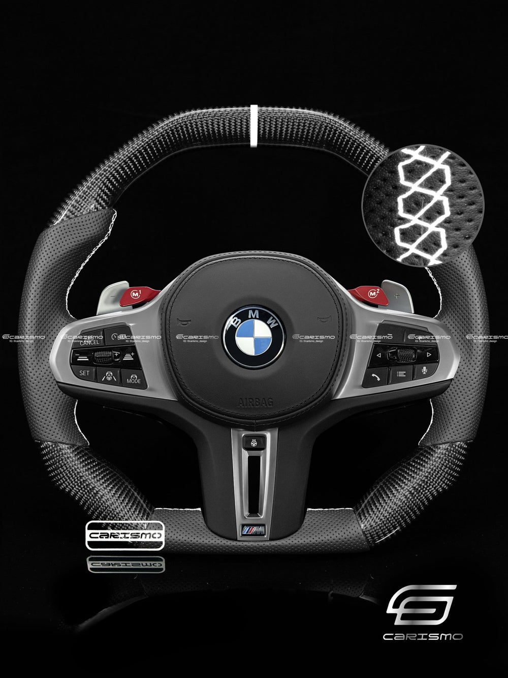 Carismo Steering Wheel For BMW G-Series (M Performance Wheels) - Signature - Gloss Carbon - Perforated Leather - White