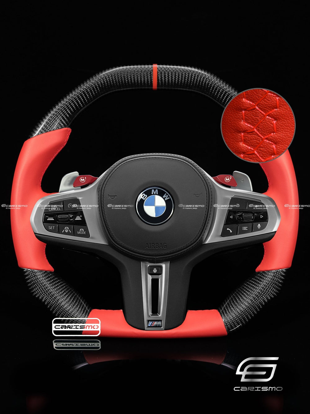 Carismo Steering Wheel For BMW G-Series (M Performance Wheels) - Signature - Gloss Carbon - Red Smooth Leather - Red