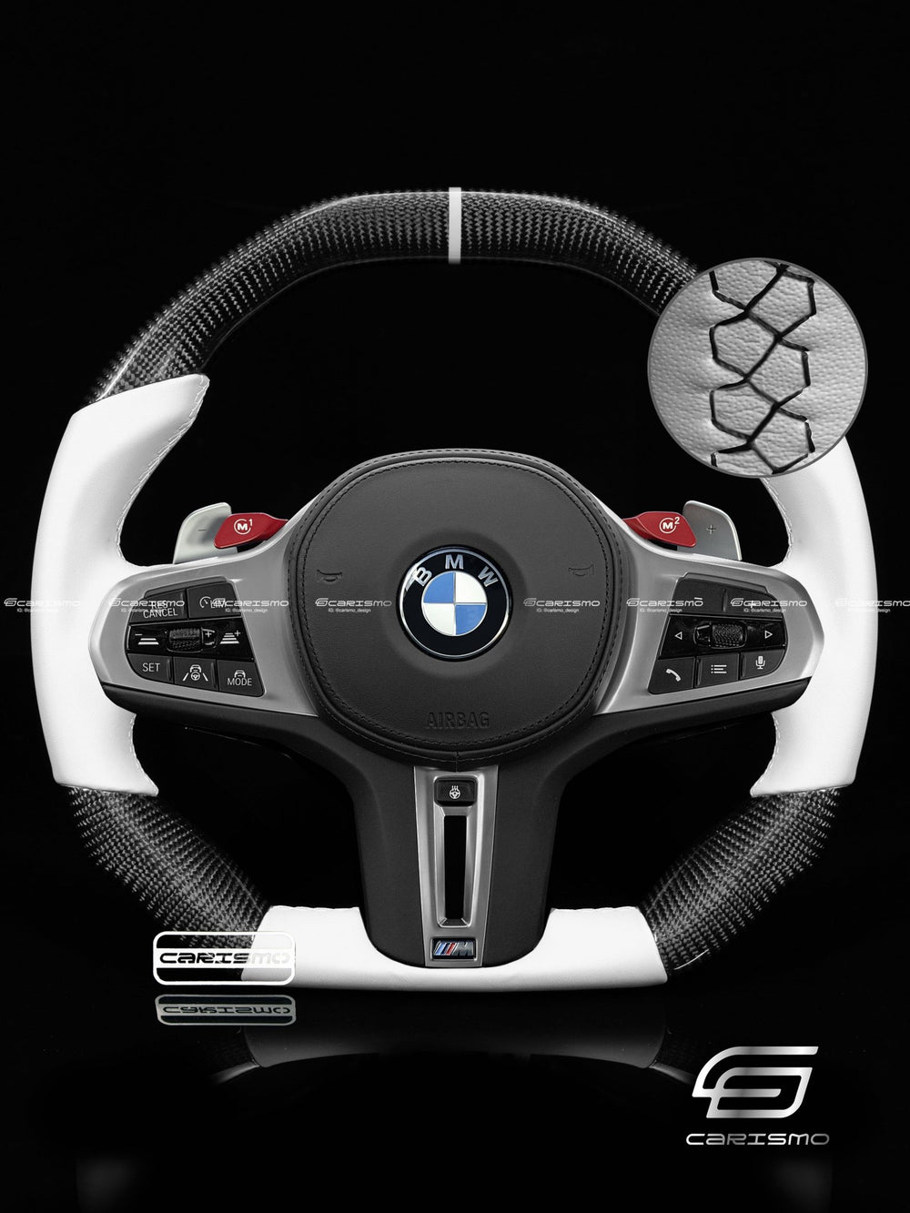 Carismo Steering Wheel For BMW G-Series (M Performance Wheels) - Signature - Gloss Carbon - White Smooth Leather - Black/White