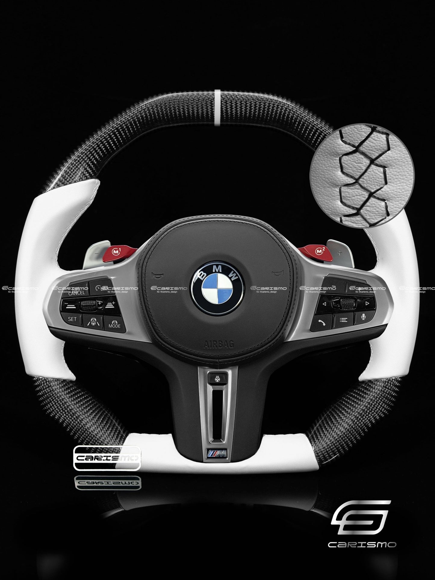 Carismo Steering Wheel For BMW 3 Series (G20) / M3 (G80) - Signature - Gloss Carbon - White Smooth Leather - Carismo