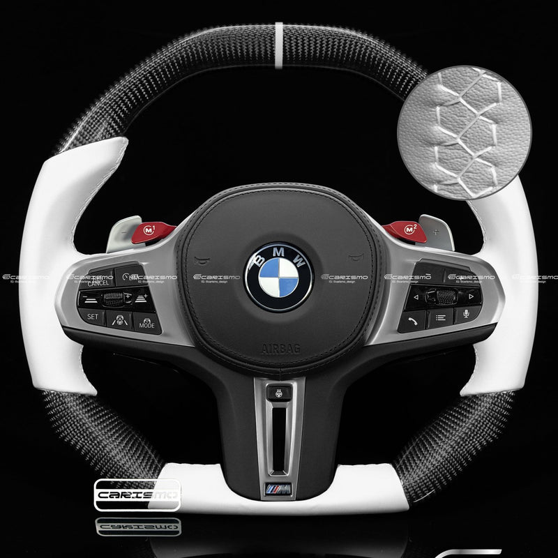 Carismo Steering Wheel For BMW G-Series (M Performance Wheels) - Signature - Gloss Carbon - White Smooth Leather-Collection