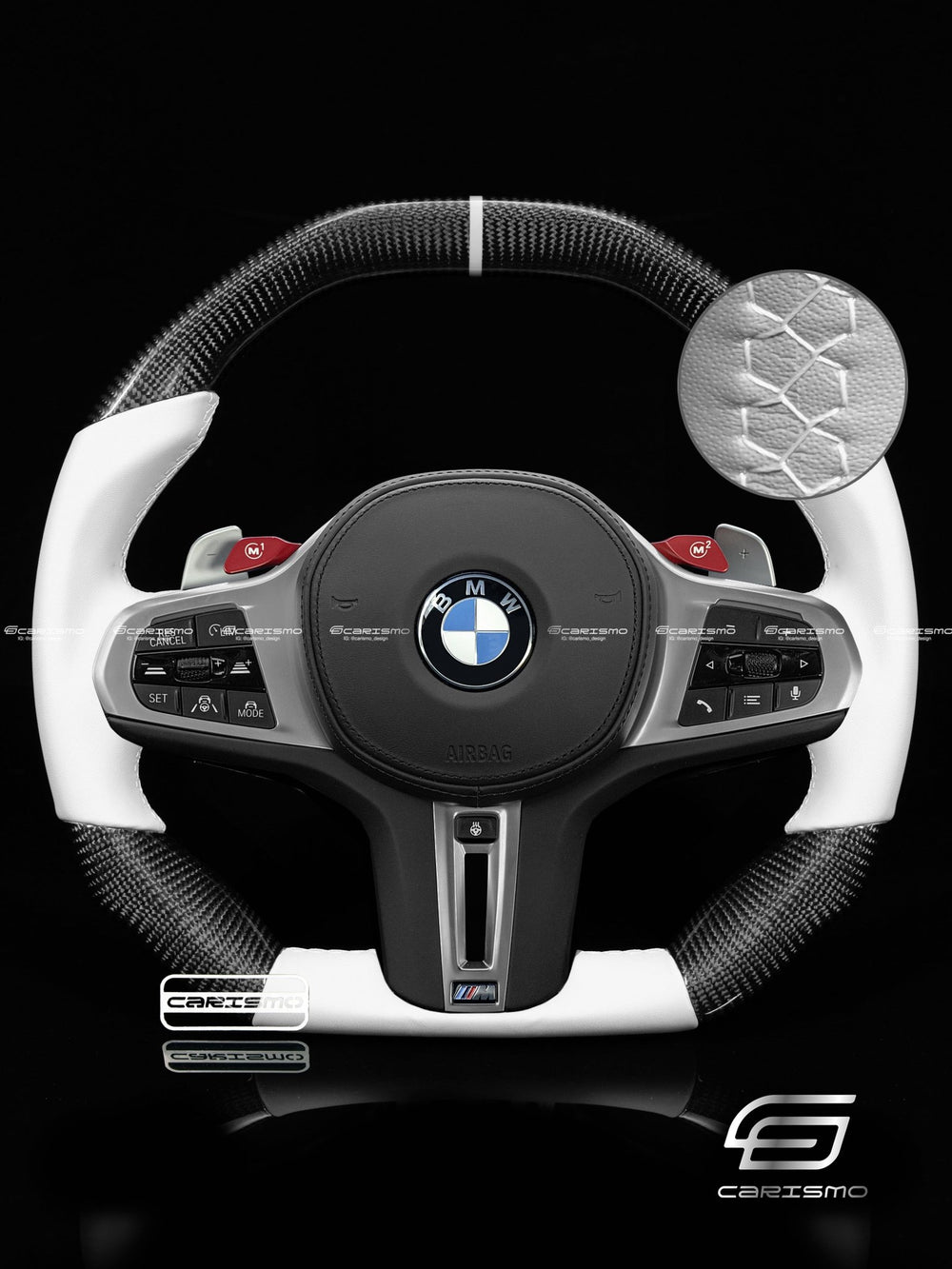 Carismo Steering Wheel For BMW G-Series (M Performance Wheels) - Signature - Gloss Carbon - White Smooth Leather - White