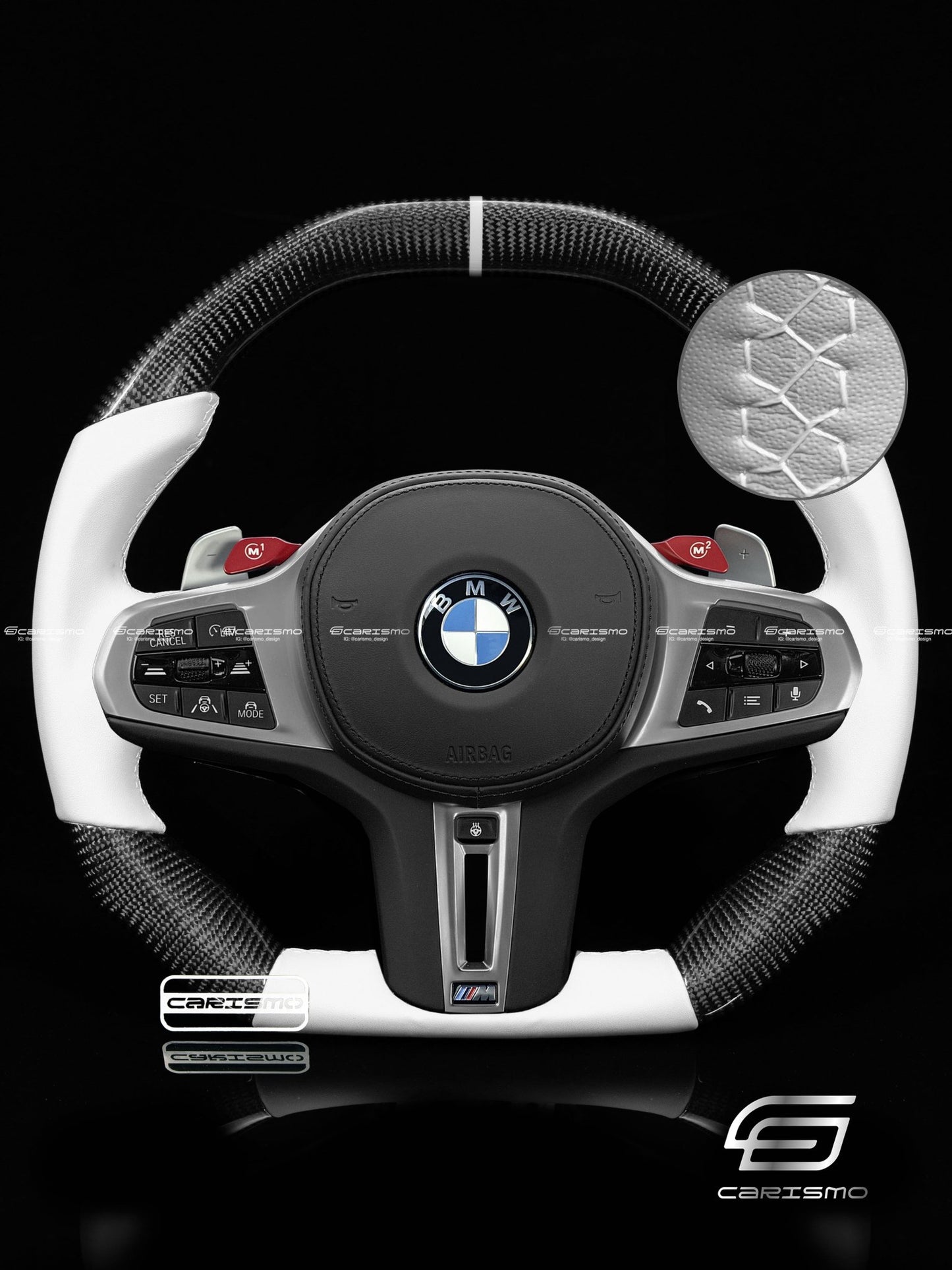 Carismo Steering Wheel For BMW 3 Series (G20) / M3 (G80) - Signature - Gloss Carbon - White Smooth Leather - Carismo
