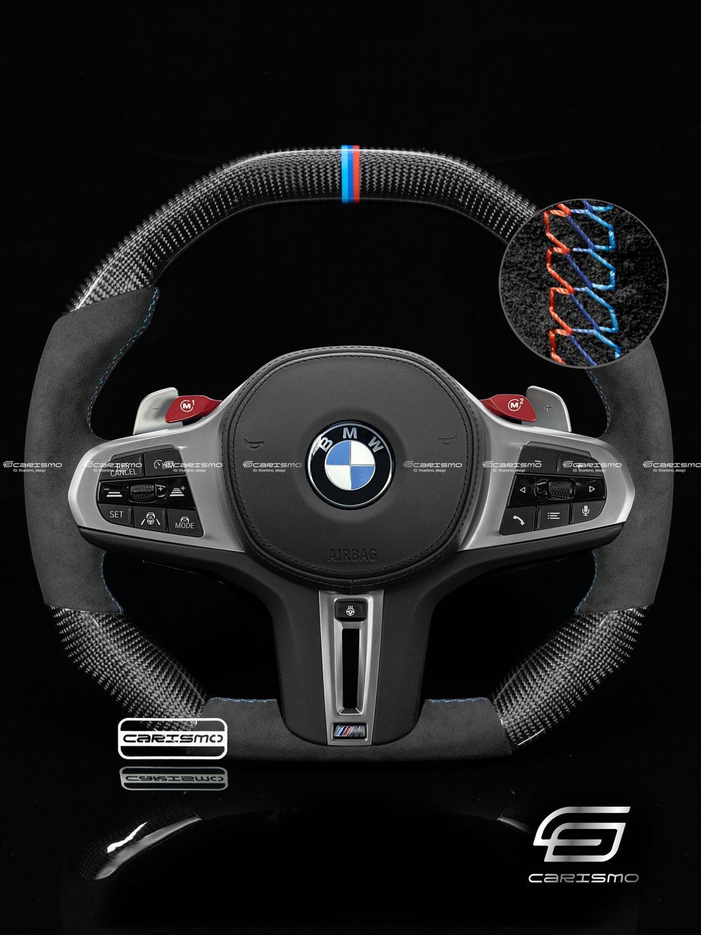 Carismo Steering Wheel For BMW G-Series (M Performance Wheels) - Signature (Heated) - Gloss Carbon - Alcantara - BMW M Colors