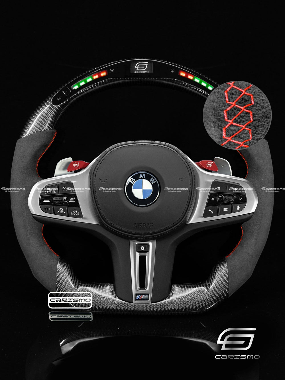 Carismo Steering Wheel For BMW G-Series (M Performance Wheel) - Classic RPM LED - Gloss Carbon - Alcantara - Red
