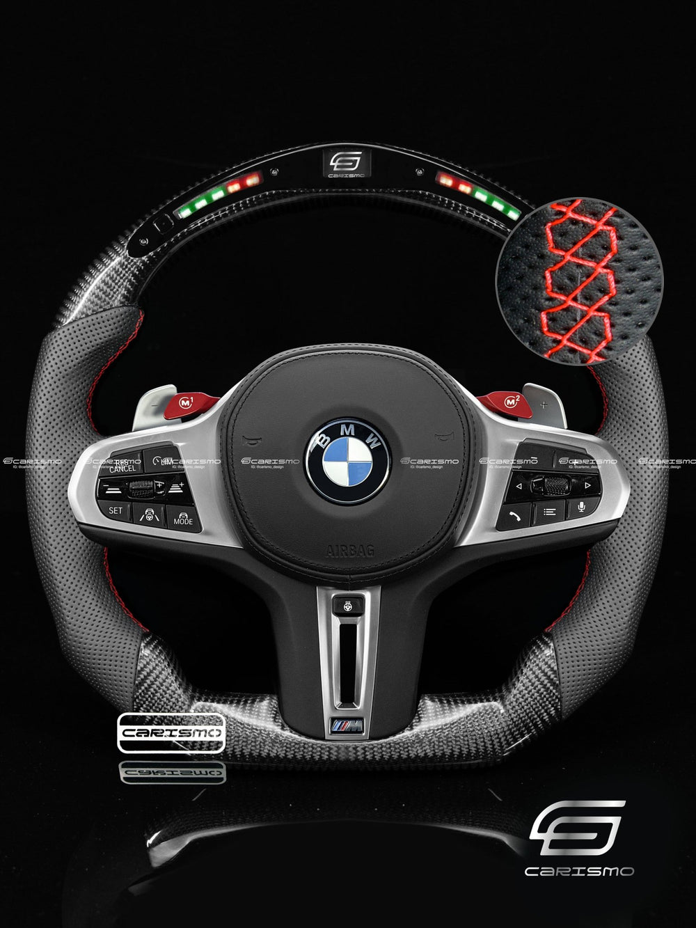 Carismo Steering Wheel For BMW G-Series (M Performance Wheel) - Classic RPM LED - Gloss Carbon - Perforated Leather - Red