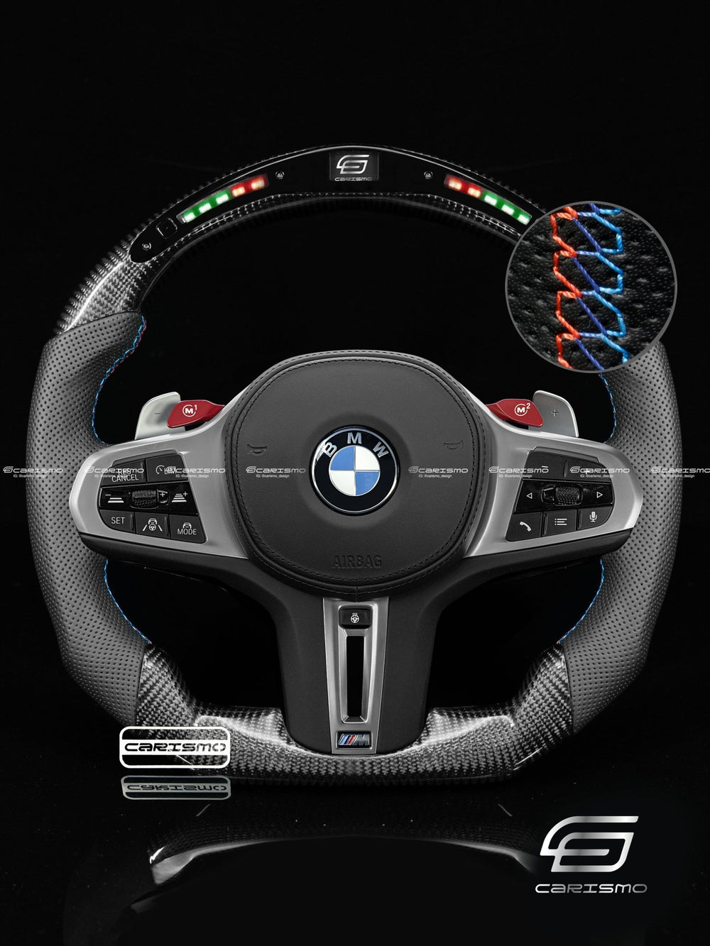 Carismo Steering Wheel For BMW G-Series (M Performance Wheel) - Classic RPM LED - Gloss Carbon - Perforated Leather - BMW M Colors
