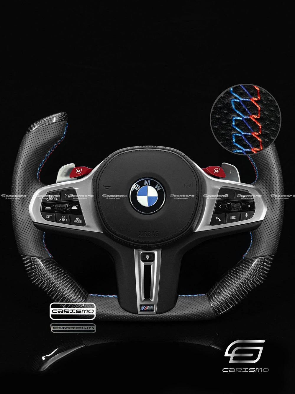 Carismo Steering Wheel For BMW G-Series (M Performance Wheel) - F1 Competition - Gloss Carbon - Perforated Leather - BMW M Colors