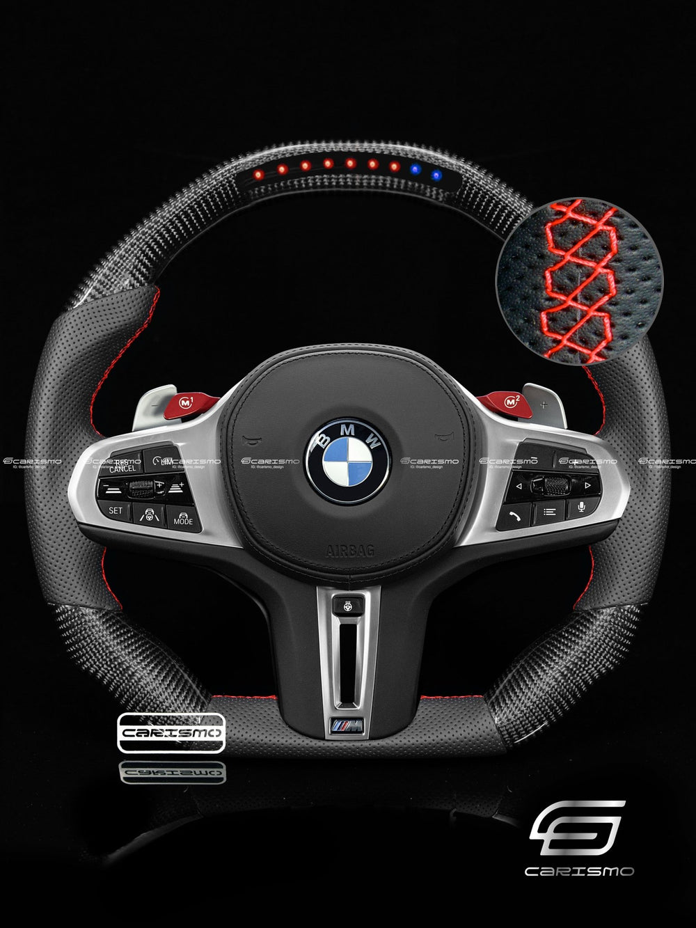 Carismo Steering Wheel For BMW G-Series (M Performance Wheel) - Sequential RPM LED - Gloss Carbon - Perforated Leather - Red