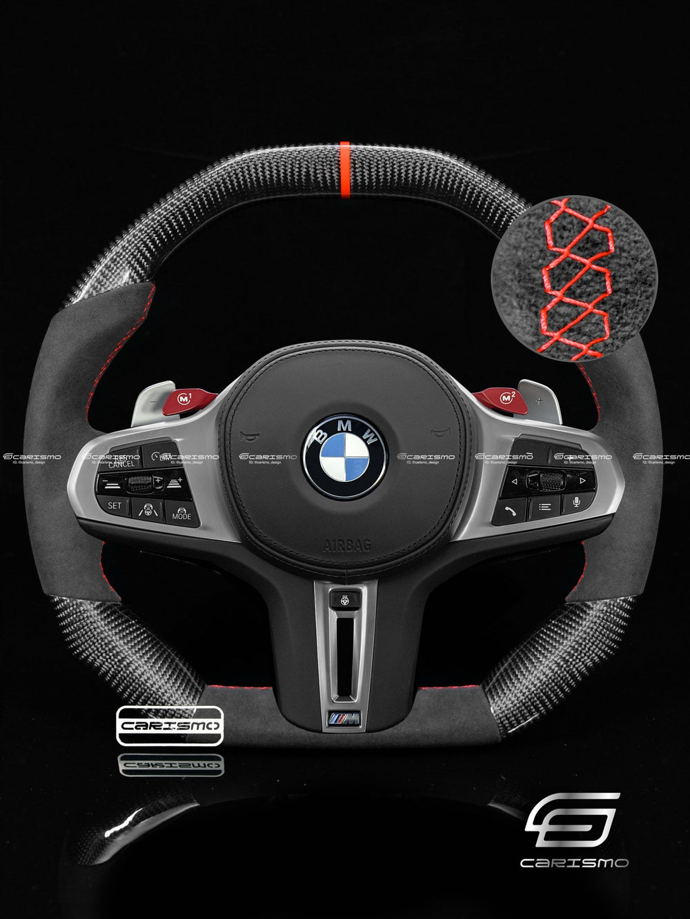 Carismo Steering Wheel For BMW G-Series (M Performance Wheel) - Signature - Gloss Carbon - Alcantara - Red