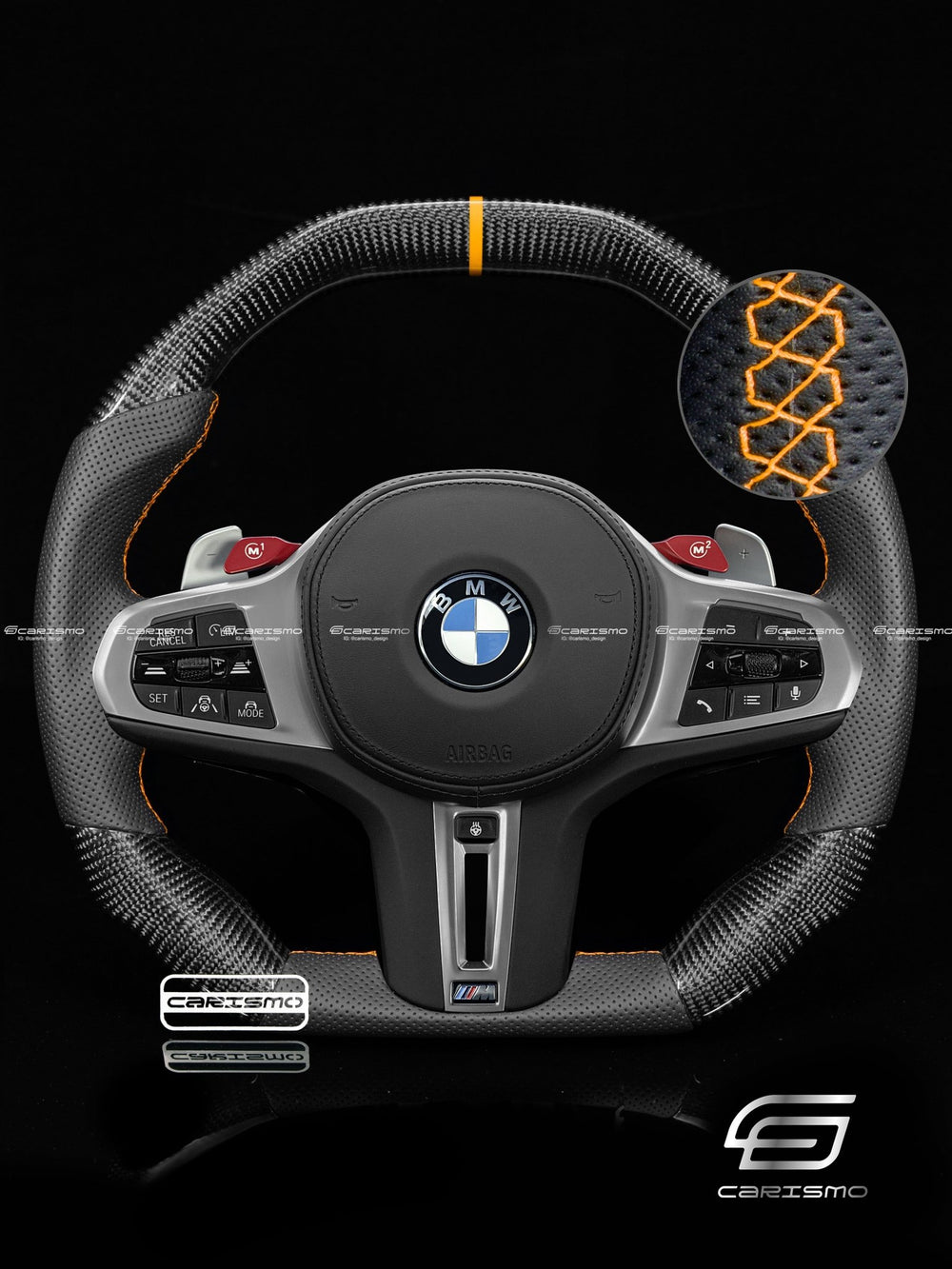Carismo Steering Wheel For BMW G-Series (M Performance Wheel) - Signature - Gloss Carbon - Perforated Leather - Orange