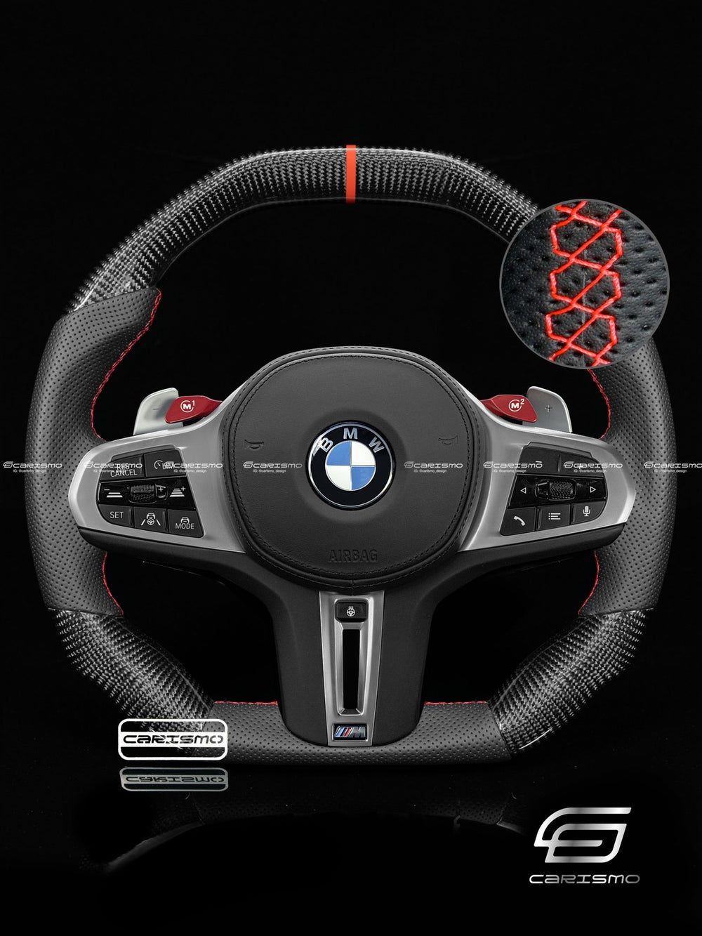 Carismo Steering Wheel For BMW G-Series (M Performance Wheel) - Signature - Gloss Carbon - Perforated Leather - Red