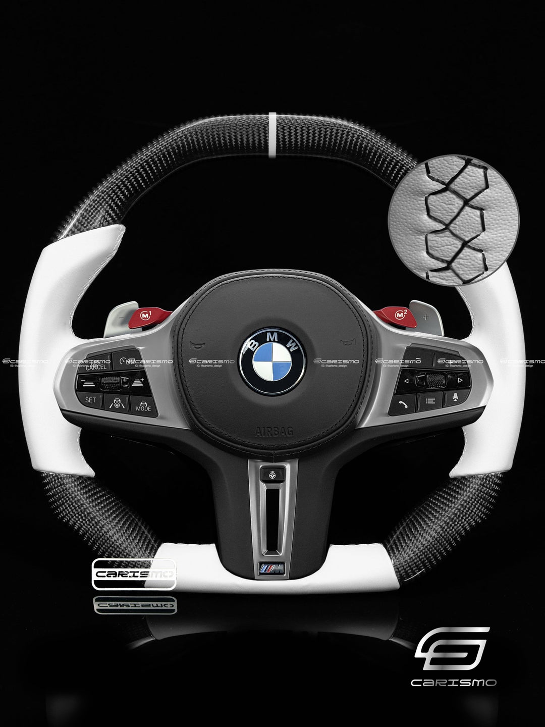 Carismo Steering Wheel For BMW 5 Series (G30) / M5 (F90) - Signature - Gloss Carbon - White Smooth Leather - Carismo