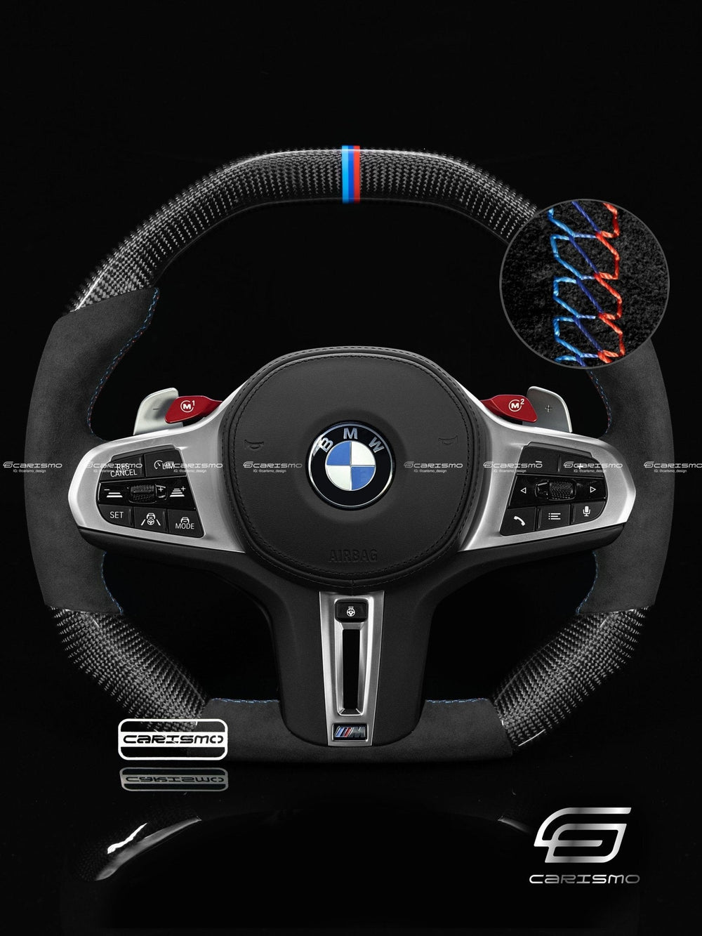 Carismo Steering Wheel For BMW G-Series (M Performance Wheel) - Signature (Heated) - Gloss Carbon - Alcantara - BMW M Colors