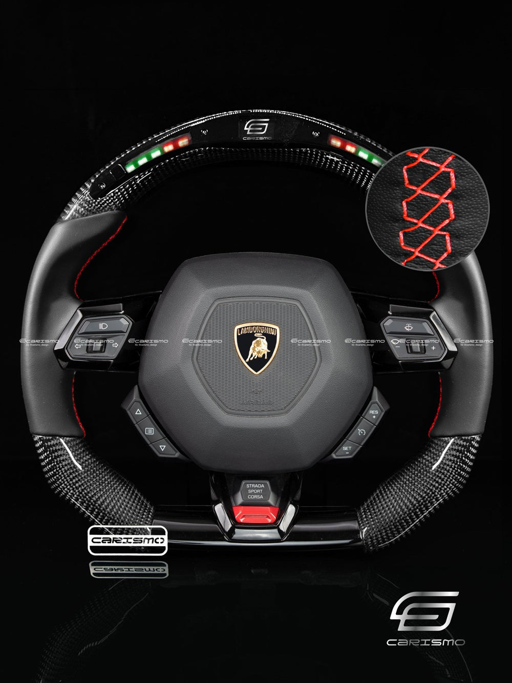 Carismo Steering Wheel For Lamborghini Huracan - Classic RPM LED - Gloss Carbon - Smooth Leather - Red