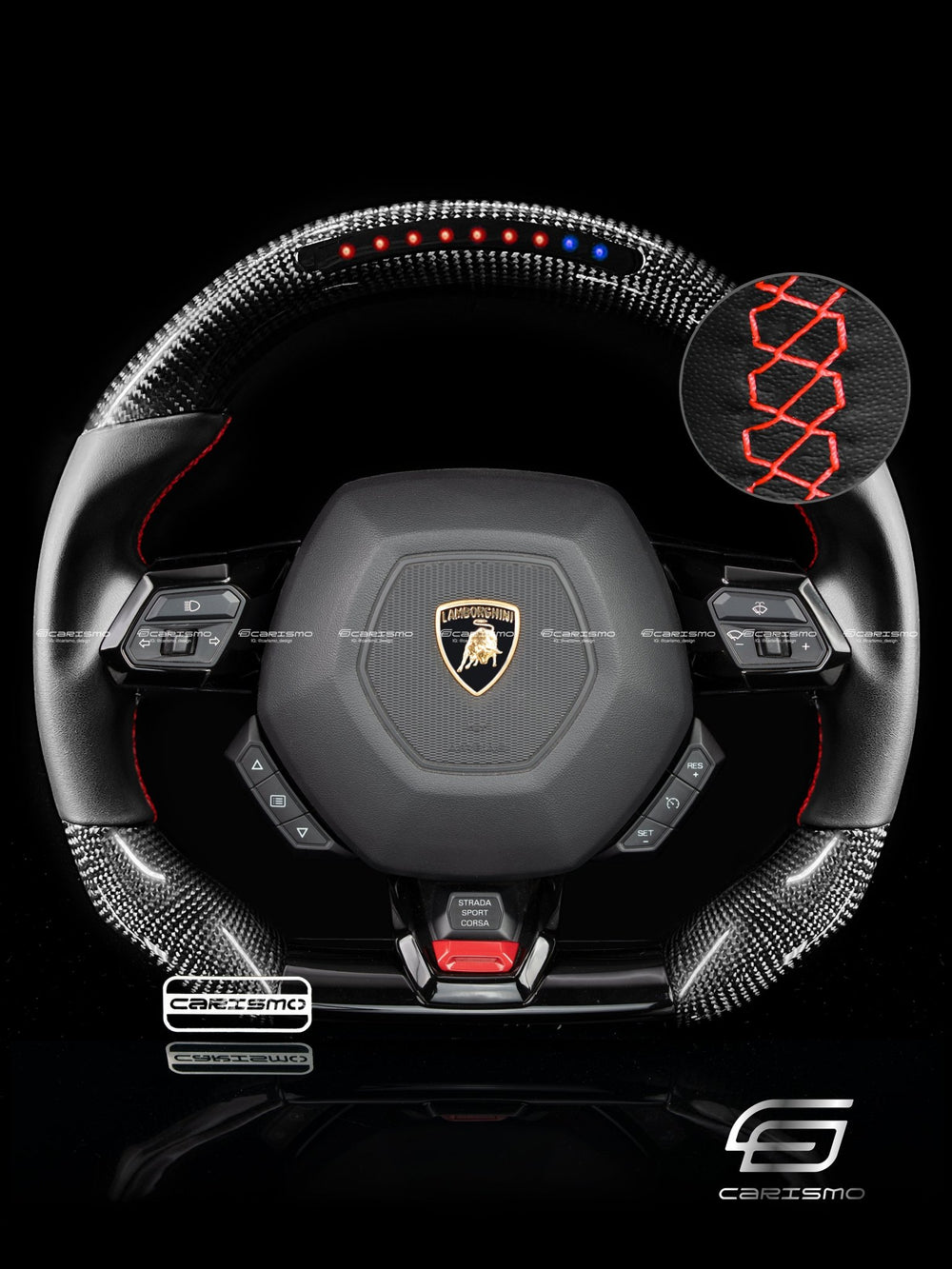 Carismo Steering Wheel For Lamborghini Huracan - Sequential RPM LED - Gloss Carbon - Smooth Leather - Red