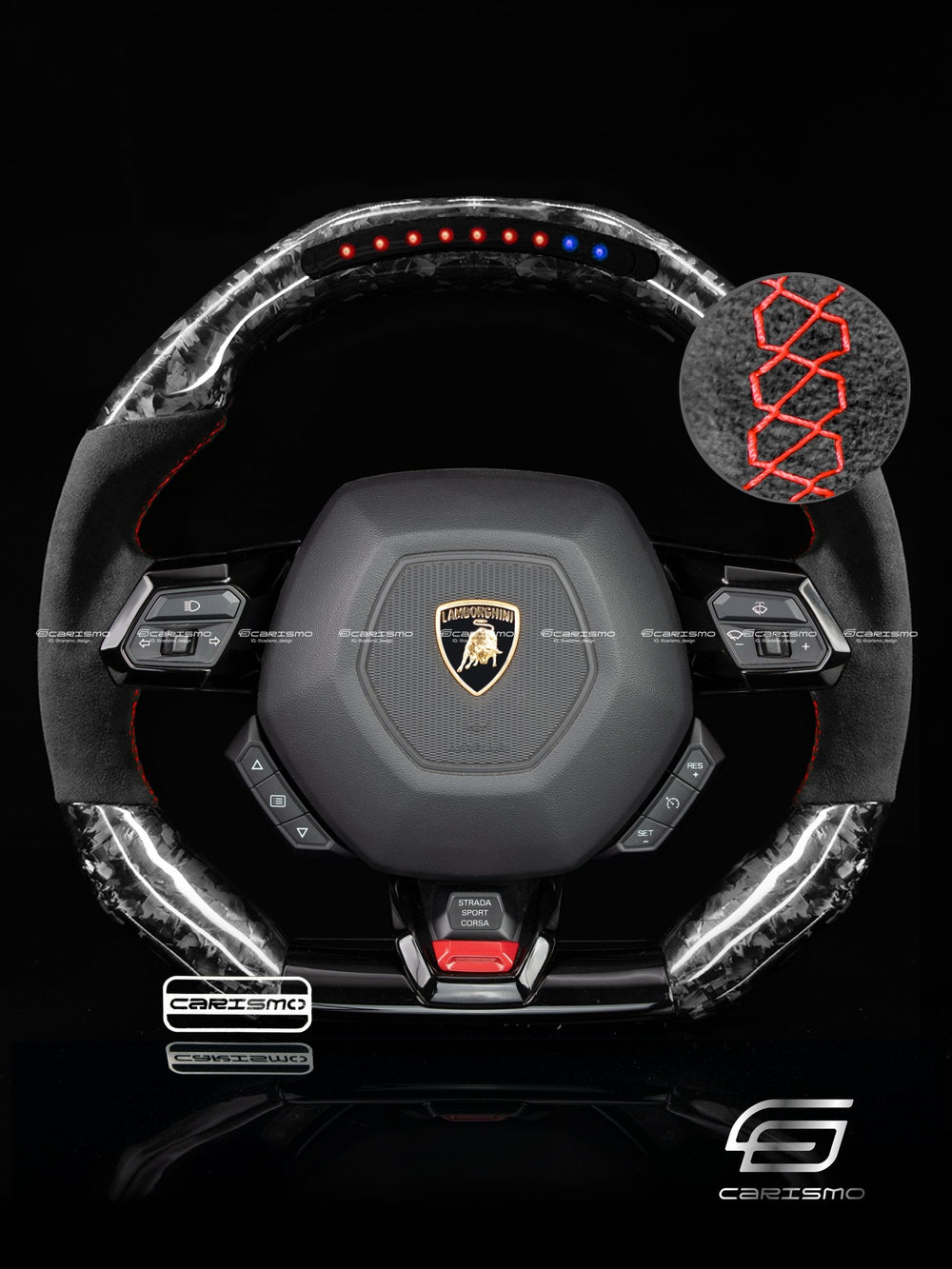 Carismo Steering Wheel For Lamborghini Huracan - Sequential RPM LED - Gloss Forged Carbon - Alcantara - Red